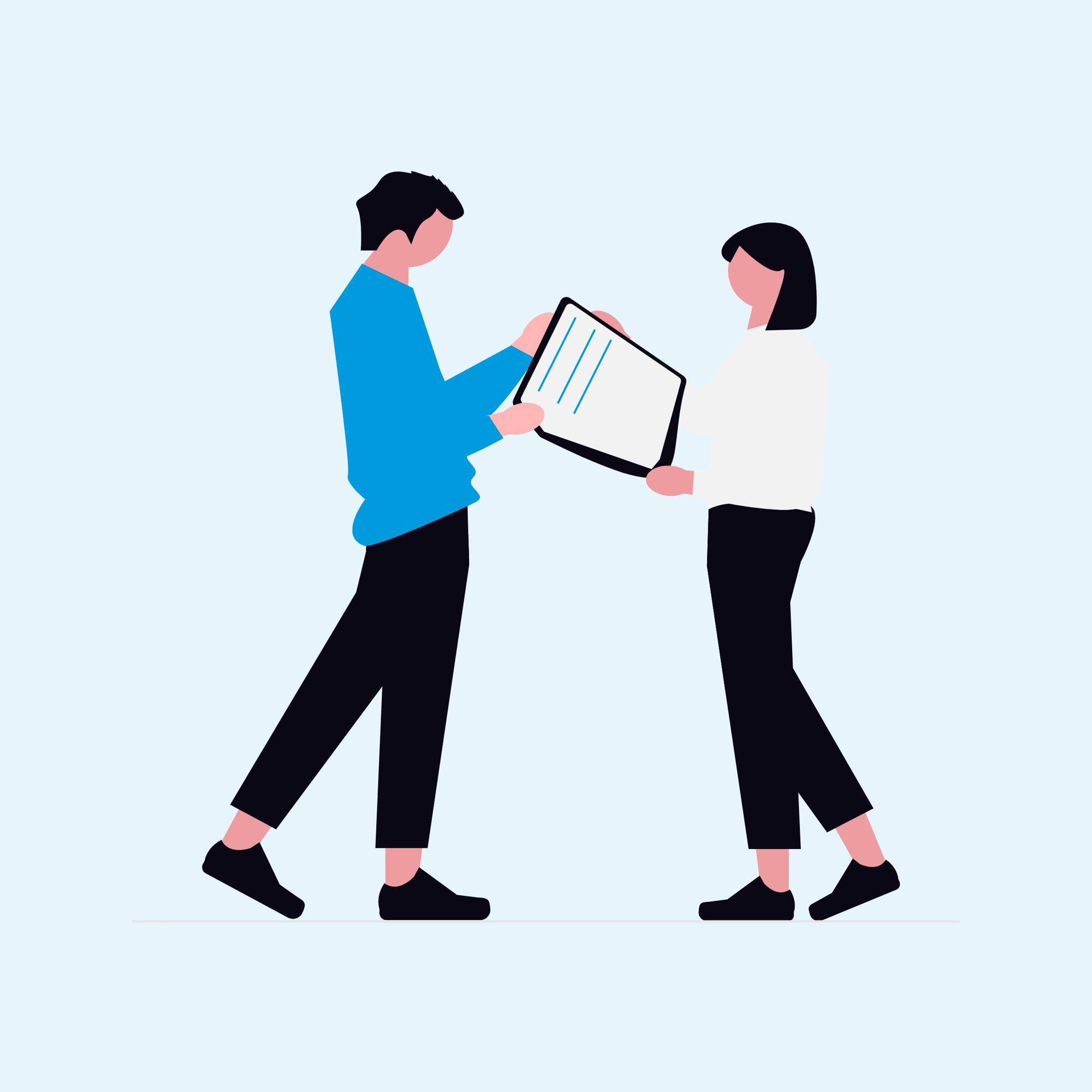 Graphic of one person handing a document to another person Graphic of one person handing a document to another person