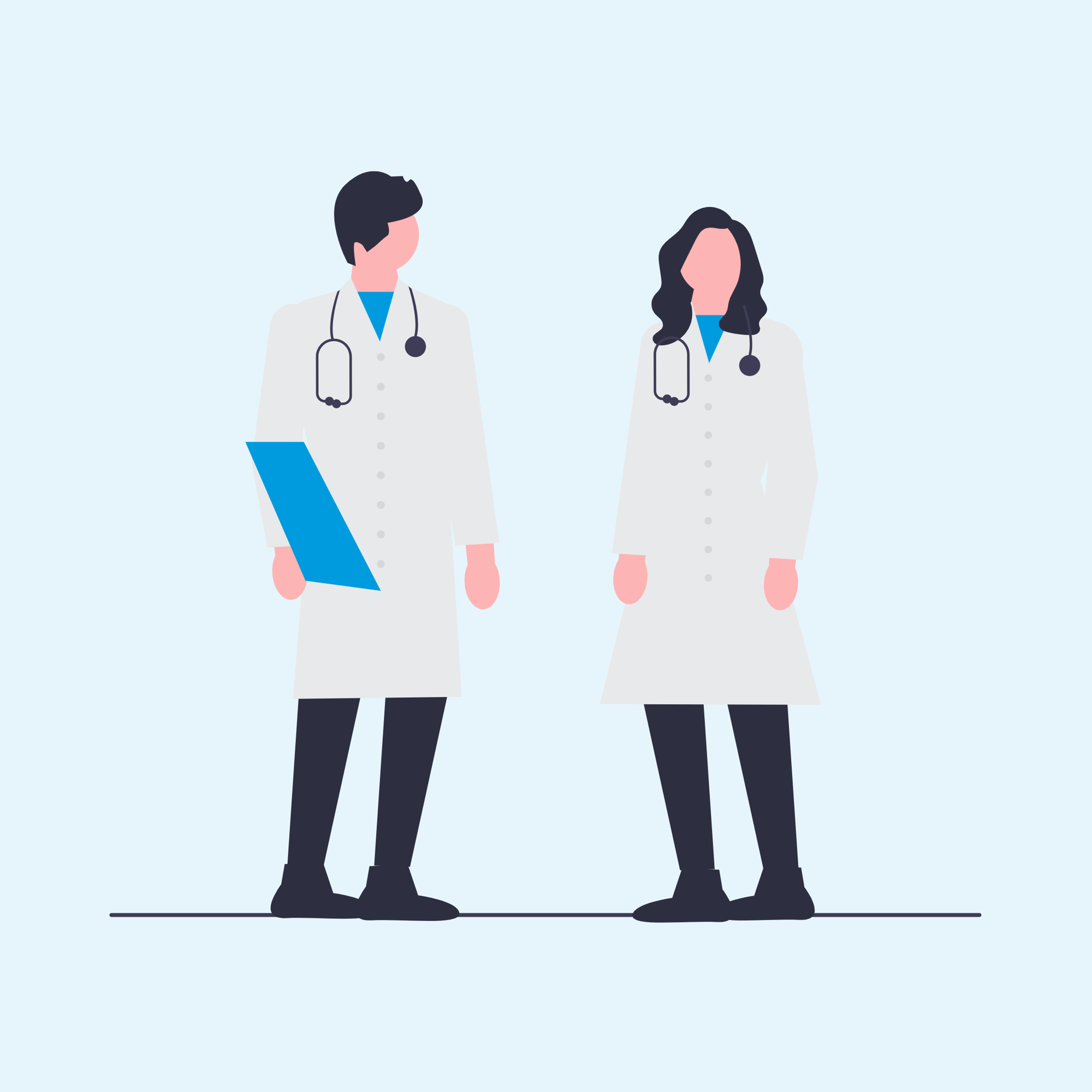 Graphic of two people wearing lab coats and stethoscopes Graphic of two people wearing lab coats and stethoscopes